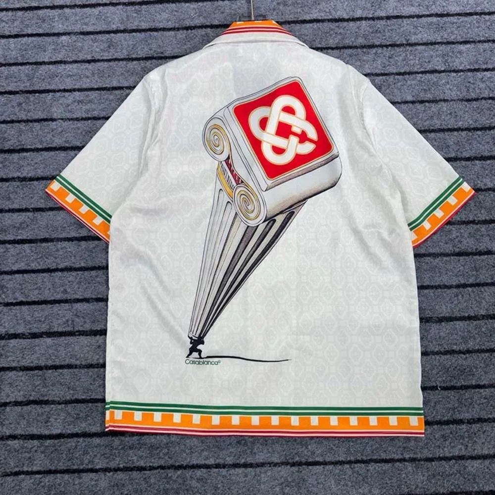 Casablanca Leaning Column Printed White Silk Shirt